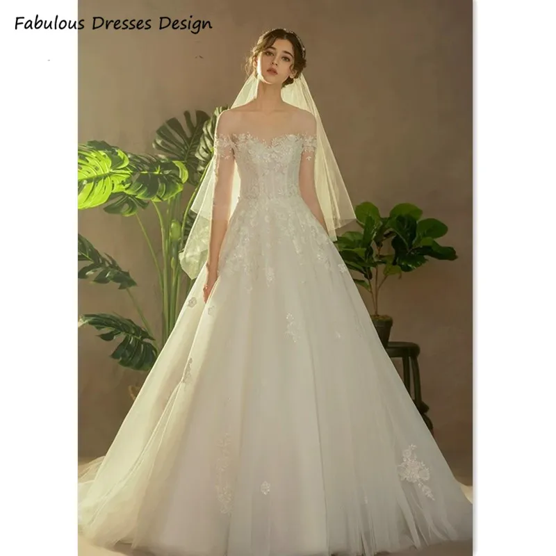 

Applique Lace A Line Wedding Dresses 2021 Sheer Neck Three Quarter Sleeve Long Bridal Gown Backless Robe De Soirée De Mariage