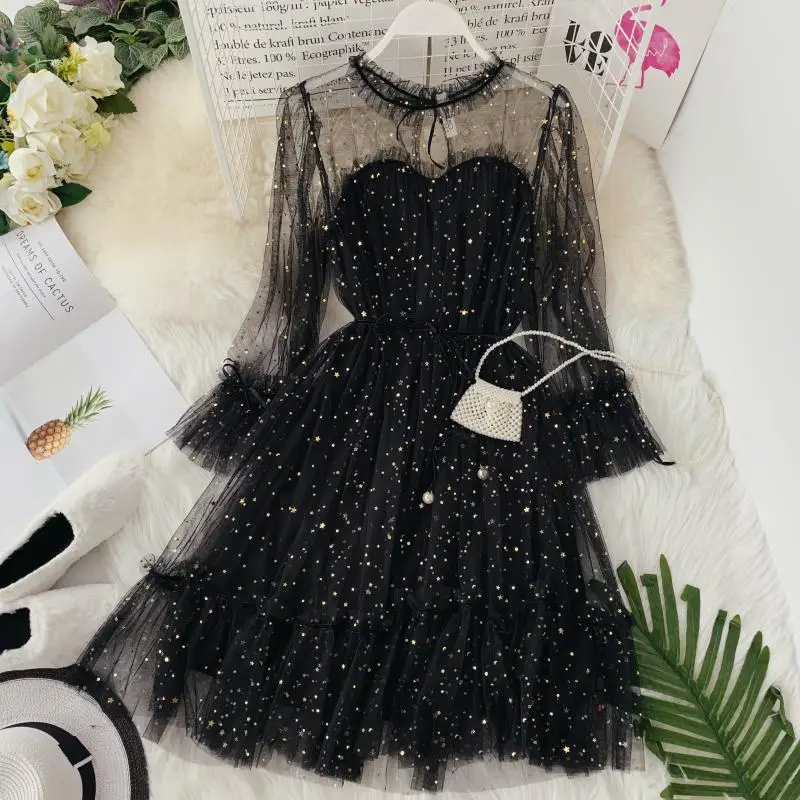 

2021 Women Prom Star Shiny Sequins Gauze Dresses Flare Sleeve Lace-up Princess Dress Female Elegant Chrismas Mesh Puff Dresses
