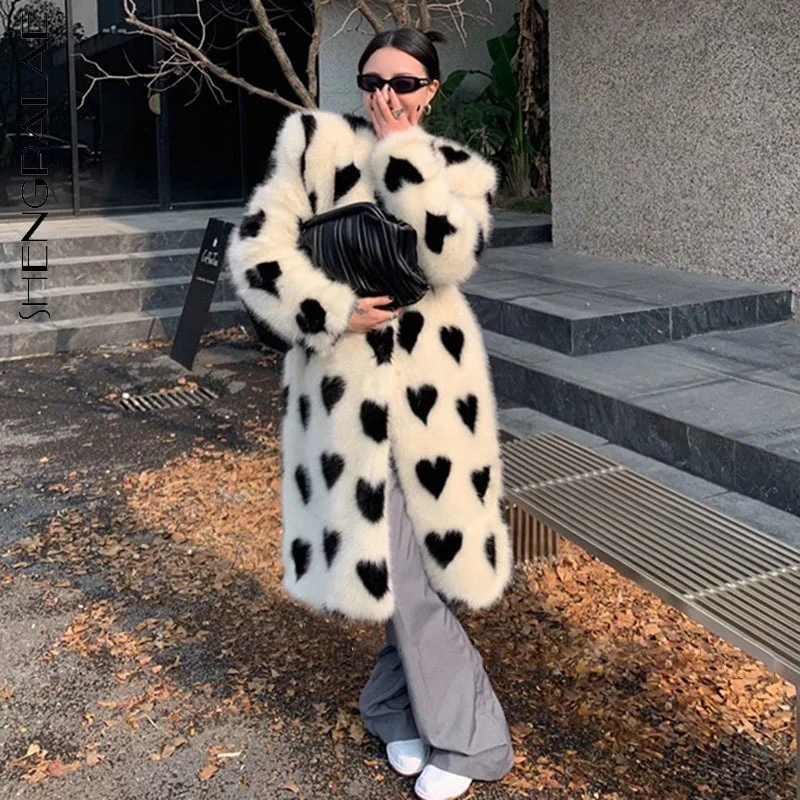 

2021shengpalae Fashion Love Imitation Fur Coat Women's Winter New Round Neck Loose Single Breasted Long Sleeve Overcoat Female