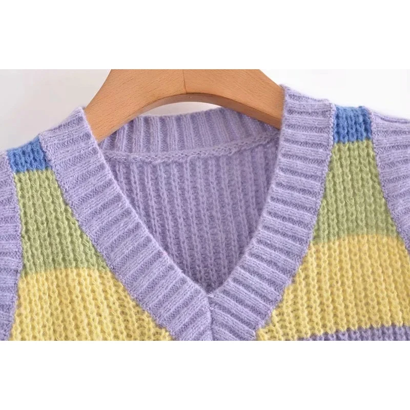 

Foridol Sleeveless Striped Purple Knitted Sweater Vest Women Casual Cropped Autumn Winter Waistcost Harajuku Short Tops Pullover