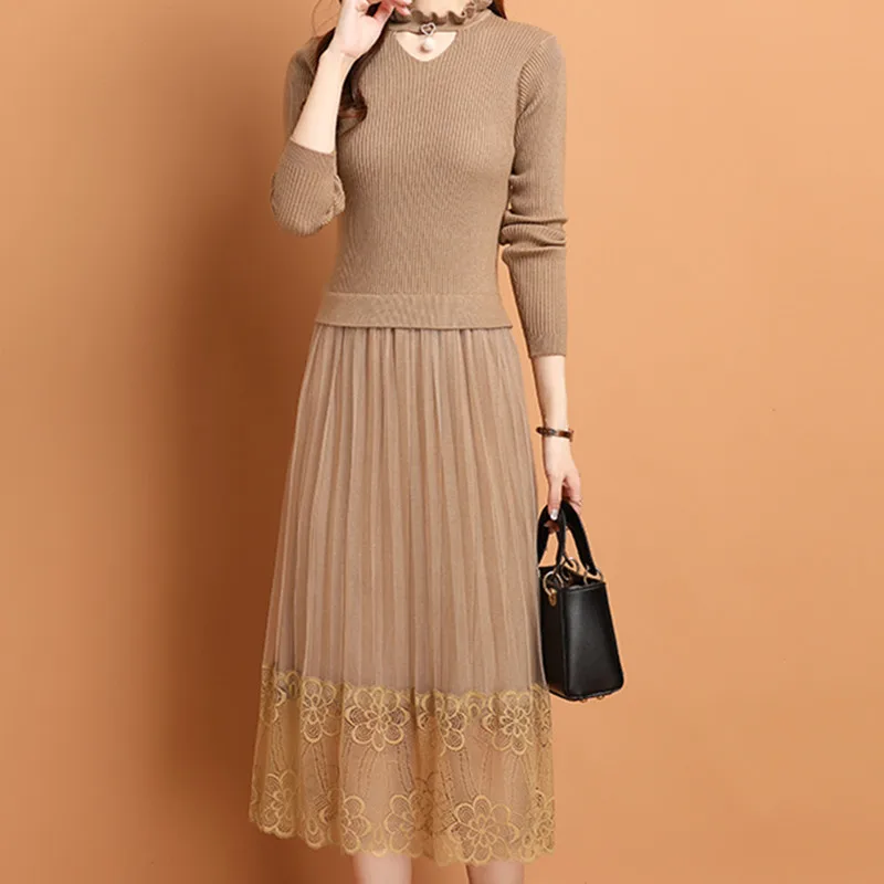 

Women's Dress Long Sleeve Knitted Solid Sweater Dresses High Waist Patchwork Lace Long Maxi Clothes Slimming A-line Basic Dress