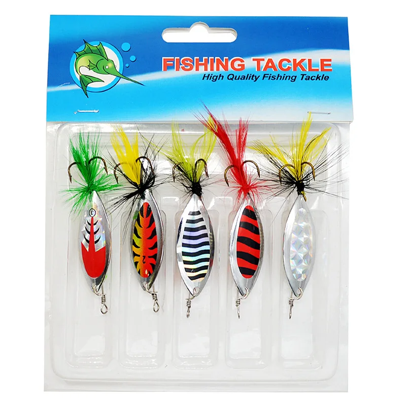 Fishing Lure Spinner Bait Rotation Sequins Metal Spoons Feather Jig Hook Artificial Lures Bass Culter 5 Pieces Set | Спорт и