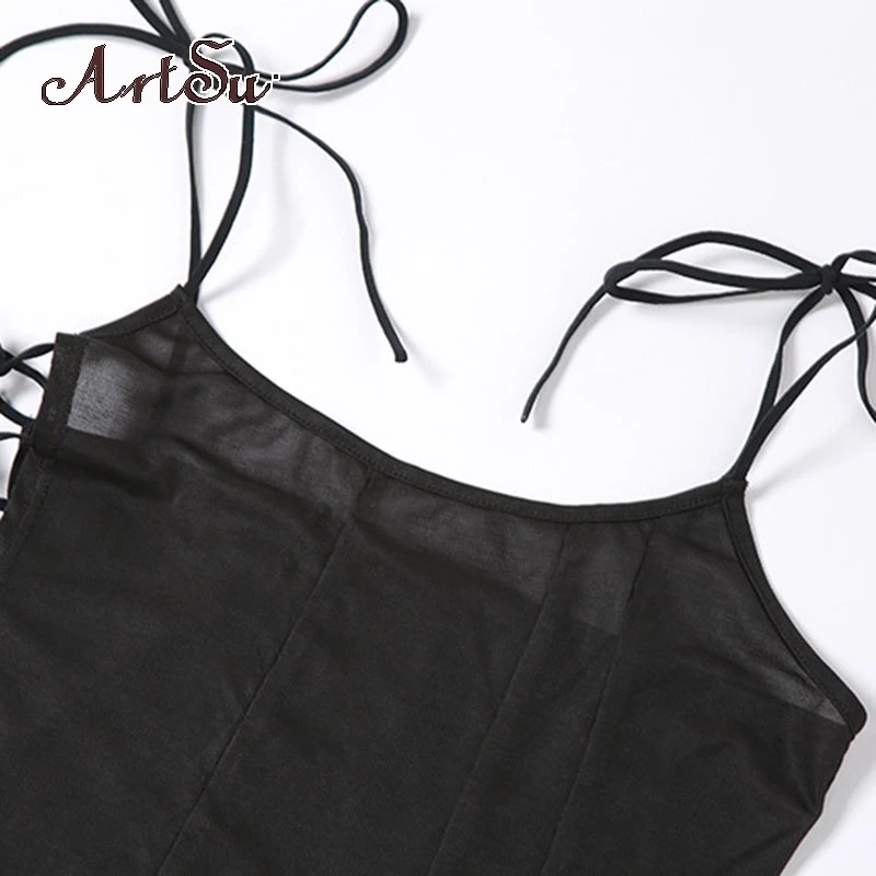 

Artsu Women Sexy Mesh See Through Hollow Out Bandage Black Slim Skinny Dresses Summer New Simple Beach Dresses 2021 ASDR83072