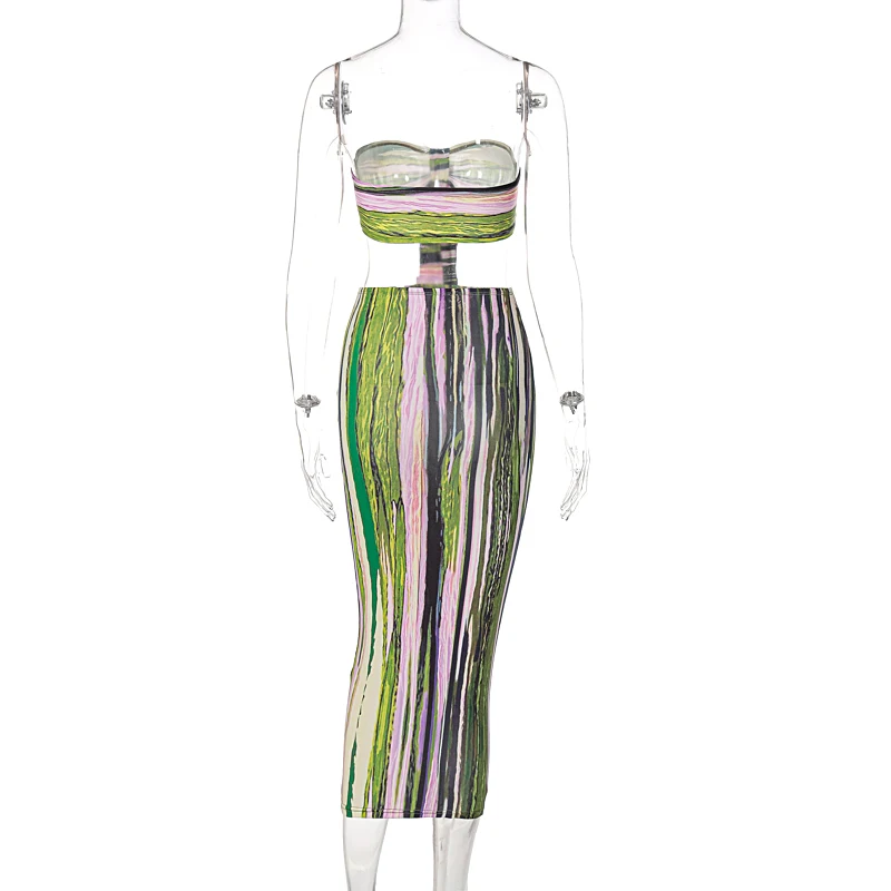 

Chicology Women Summer 2021 2 Suits Halter Crop Tank Top Midi Bodycon Fashion Elegant Skirts Stripe Print 2 Two Pieces Sets