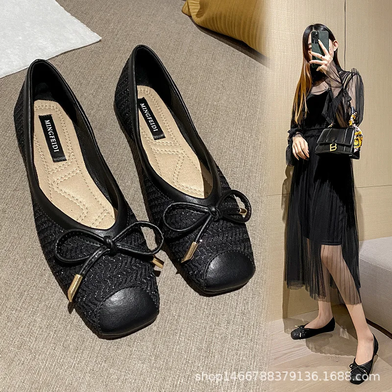 

Women Flats Shoes Woman Shallow Single Shoes Slip On Loafers Ballerina Shoe Casual Square Toe Bow Flat Large Size Zapatos Mujer