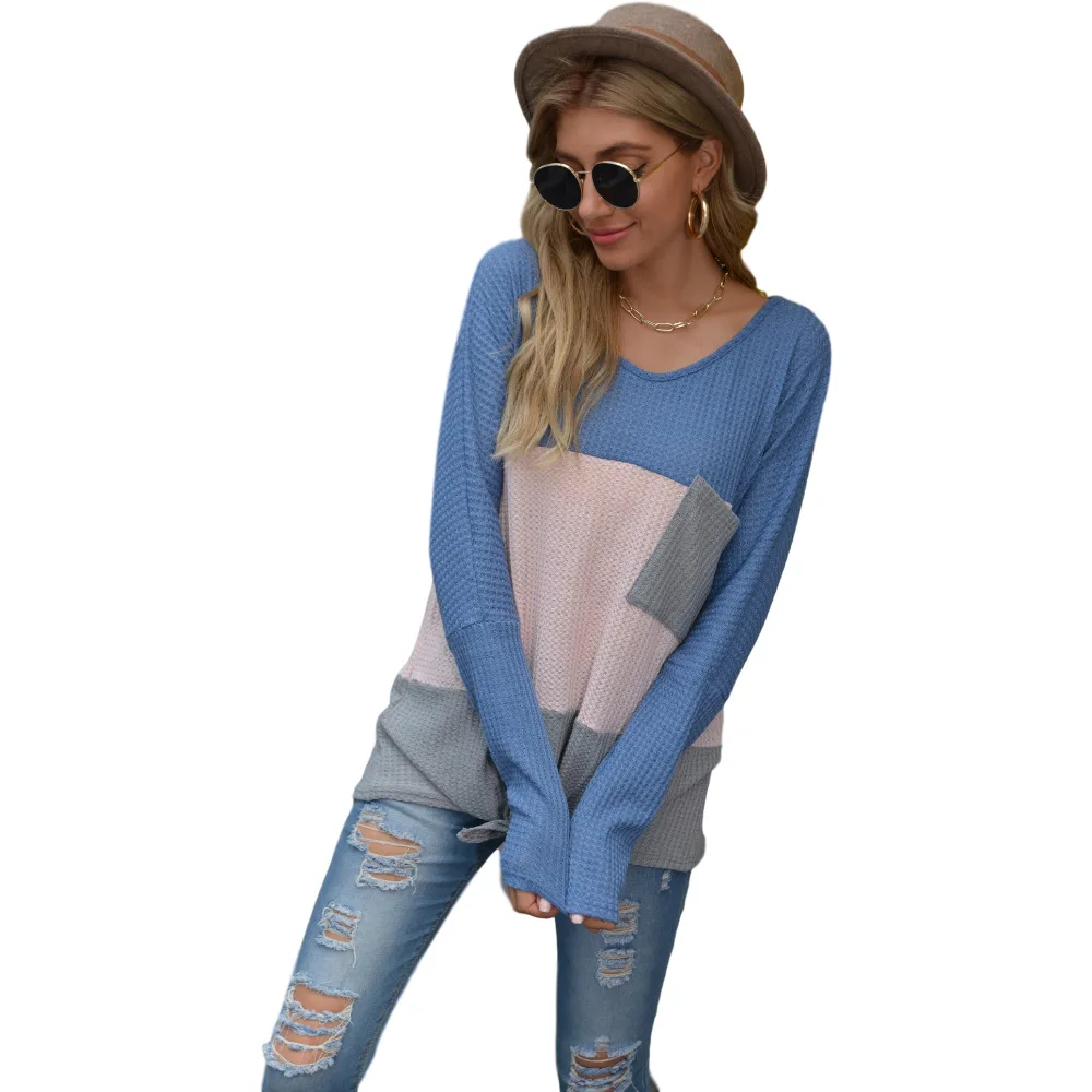 

Fashion Autumn Women's Fall Shirt Casual Striped Top Patchwork Elastic Party Clothes Round Neck Loose Warm Front Pocket Pullover