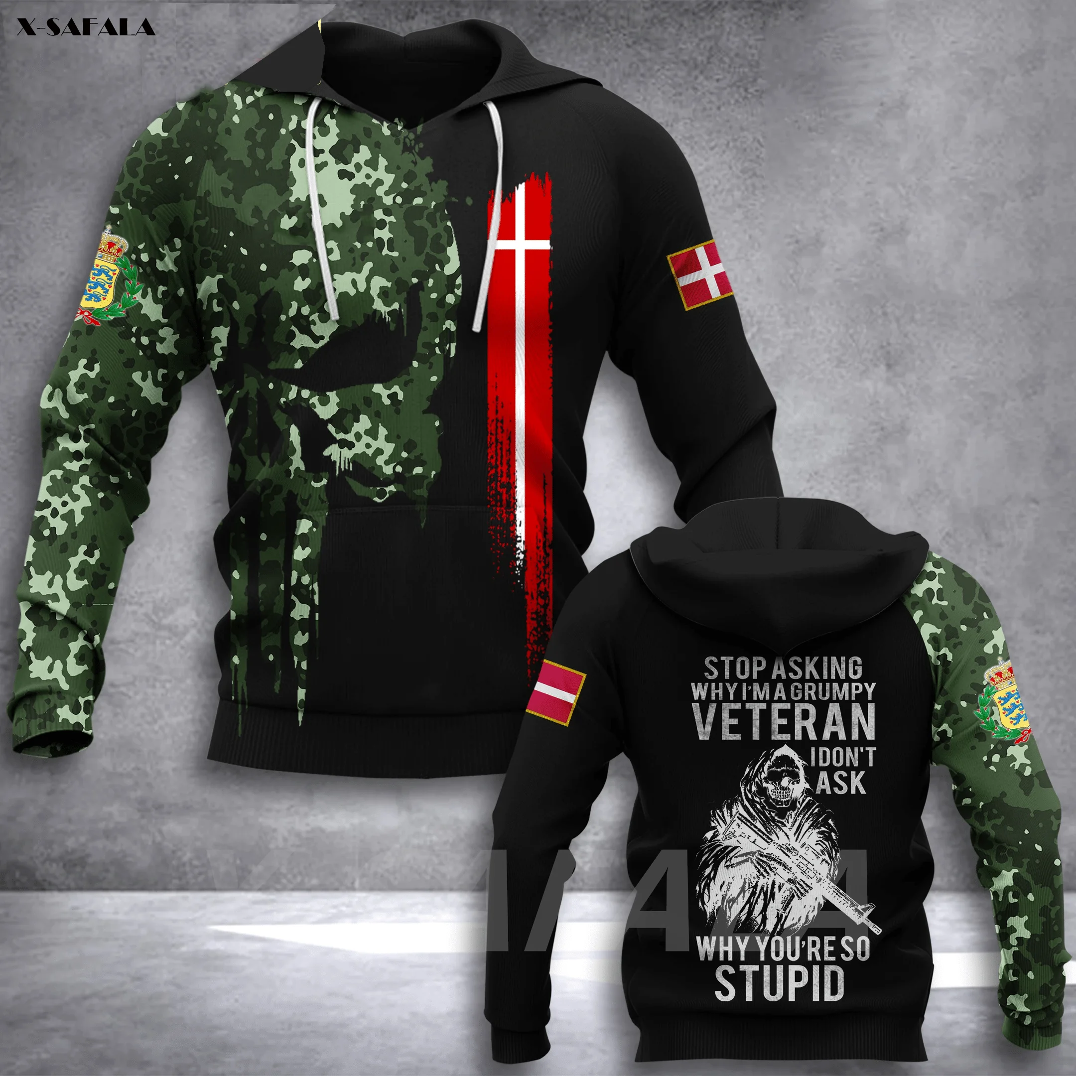 DENMARK Army Veteran Skull Flag 3D Printed Hoodie Man Female Zipper Pullover Sweatshirt Hooded Jersey Streetwear Tracksuits | Мужская