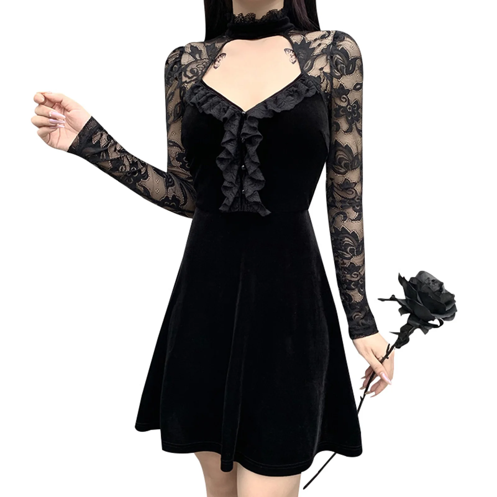 

Women Clothing Long-Sleeved Dress with Stitching Lace Hollow Chest Sexy Flower Pattern Autumn Spring Clothing