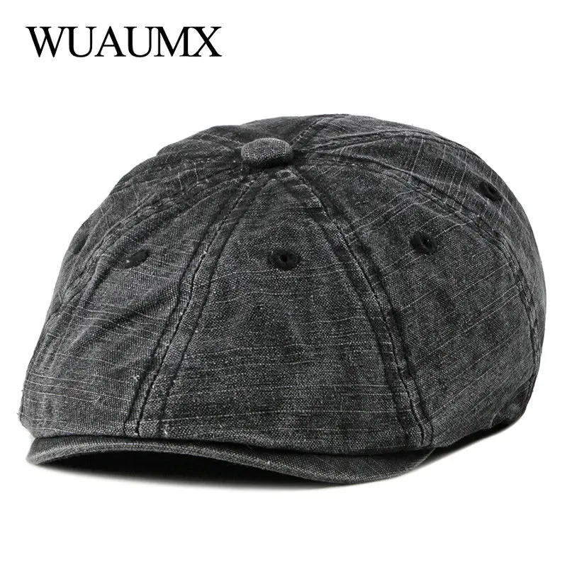 Wuaumx Retro Summer Berets Hat Men Eight-blade Newsboy Cap Women Painter Visors Herringbone Hat Washed Cotton Duckbill Flat Caps