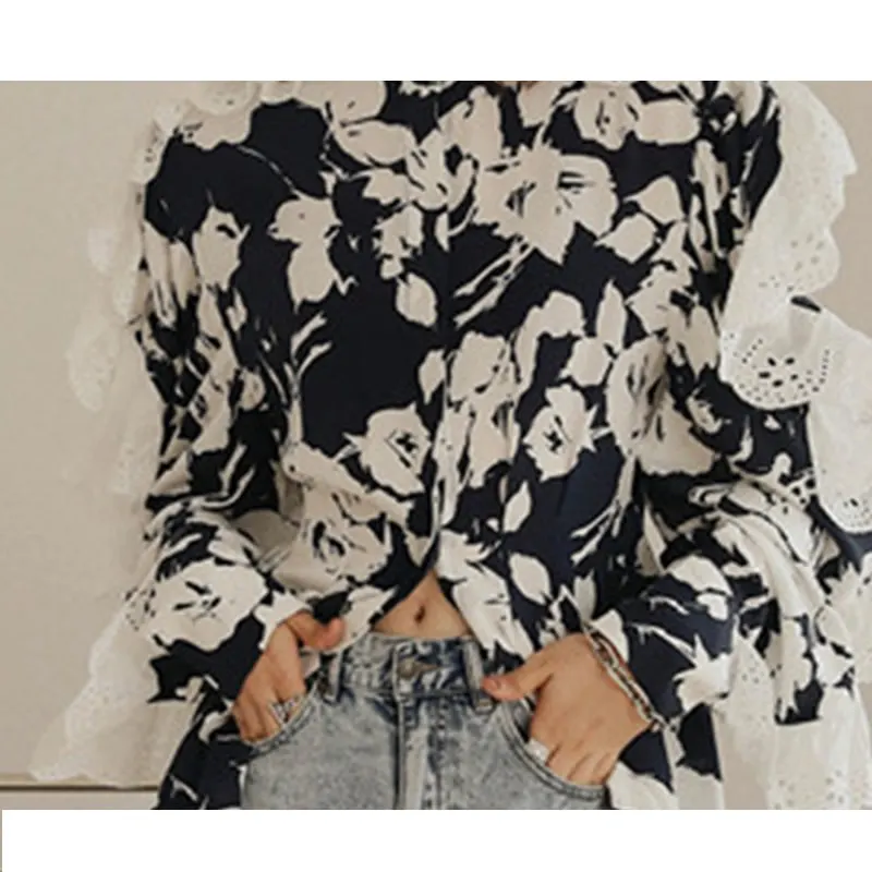 

Print Lace Patchwork Blouse Women Loose Fashion Elegant All Match Stand Collar 2020 New Autumn Shirt Goddess Fan P656