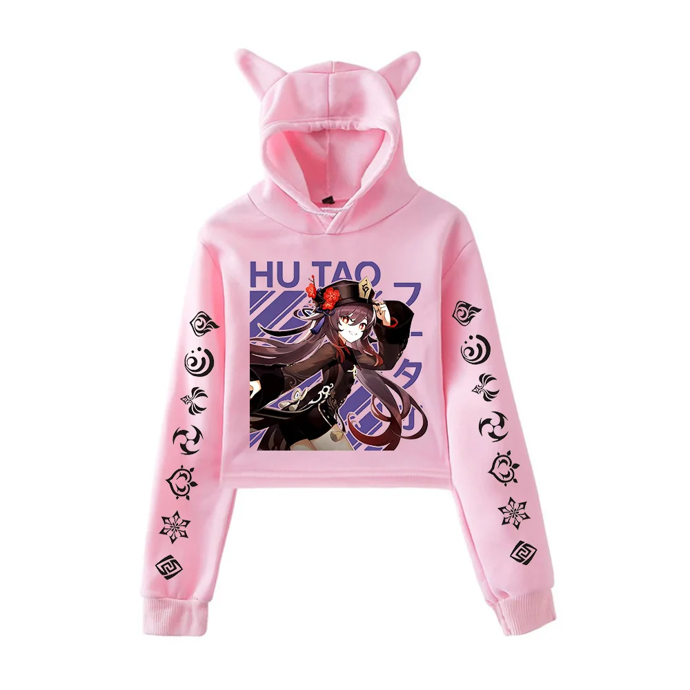 

Новые толстовки с принтом Genshin Impact, женские милые укороченные топы с капюшоном и кошачьими ушками, повседневные весенне-осенние розовые пуловеры для девочек