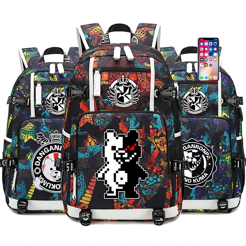 Рюкзак с черным и белым медведем из аниме данганронпа USB портом школьный ранец