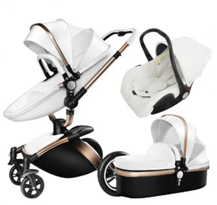 White three-in-one PU детская коляска прогулочная коляска сложенная детская коляска 3 в 1 коляска для 0-36 месяцев детская тележка - Цвет: White three-in-one