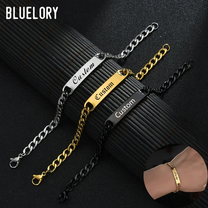 Мужские браслеты Bluelory в стиле панк с гравировкой имени золотые серебряные черные