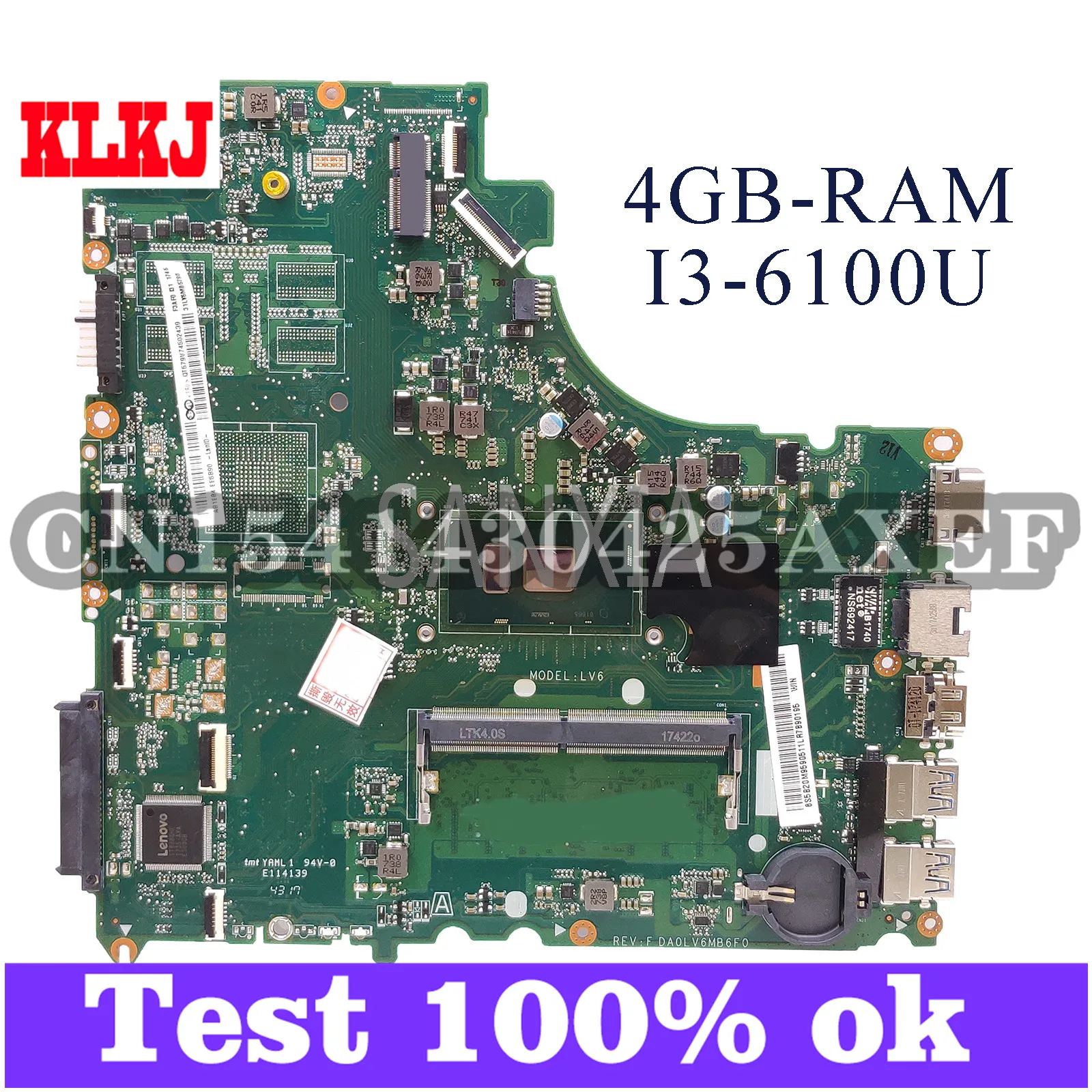 

KLKJ DA0LV6MB6F0 материнская плата для ноутбука Lenovo V310-15ISK E52-80 оригинальная материнская плата 4GB-RAM I3-6100U
