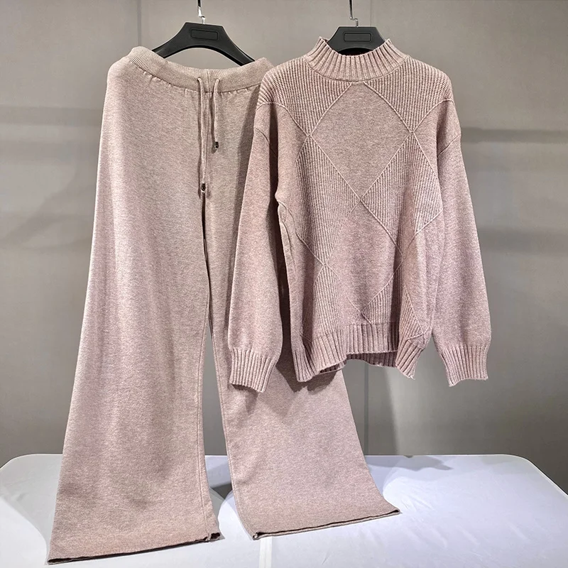 구매 2021 여성 Tracksuits 세련 된 2 조각 세트 니트 솔리드 라운지 양복 캐시미어 혼합 풀 오버 스웨터 넓은 다리 바지 두 조각 세트