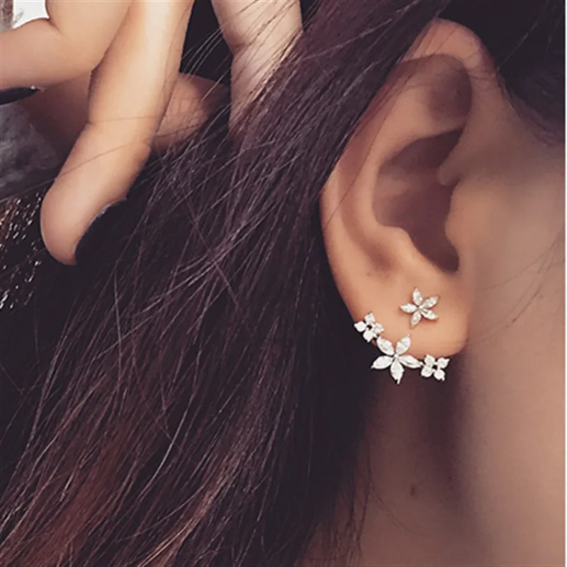 Роскошный прозрачный CZ цирконивый цветок двойные серьги гвоздики двусторонние