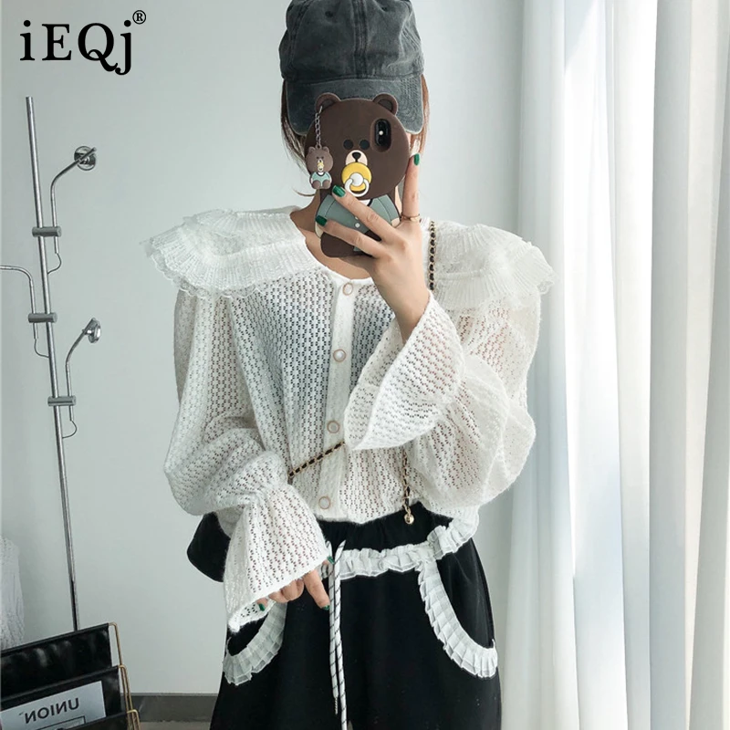 

IEQJ 2021 Autumn New Doll Collar Lace White Shirt Women Loose Design Single Breasted Solid Color Top Female Fashion 3W204
