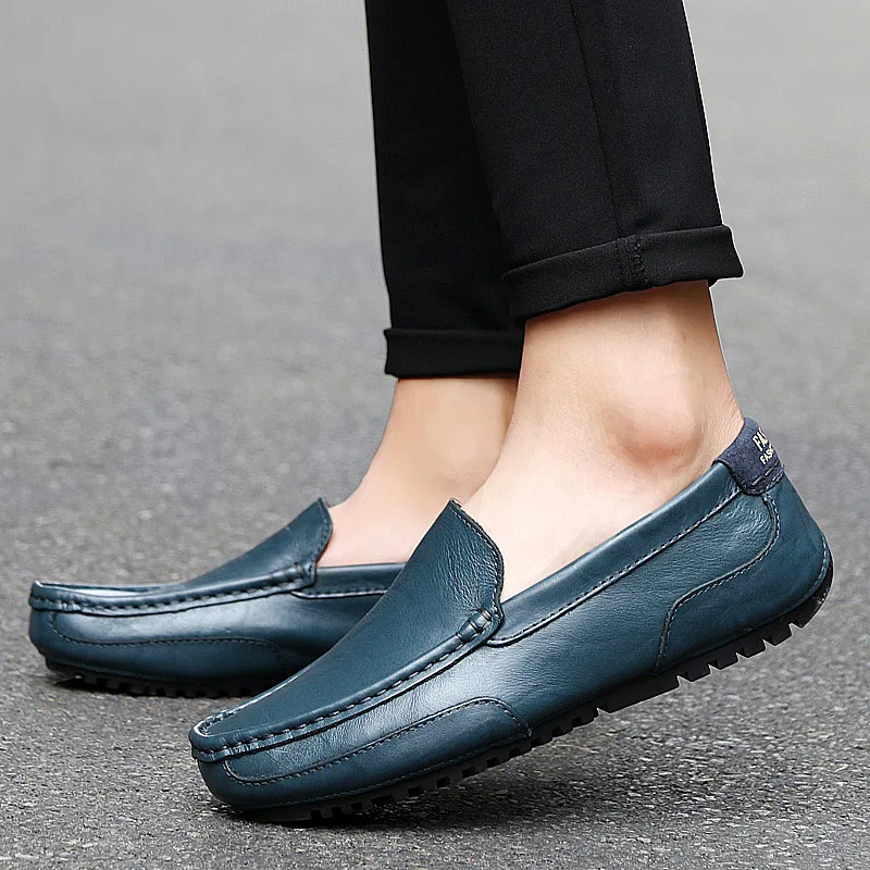 

Summer Men Shoes Casual Flat Luxury Brand Leather Mens Loafers Moccasins Italian Breathable Slip on Boat Shoes Blue Large Size