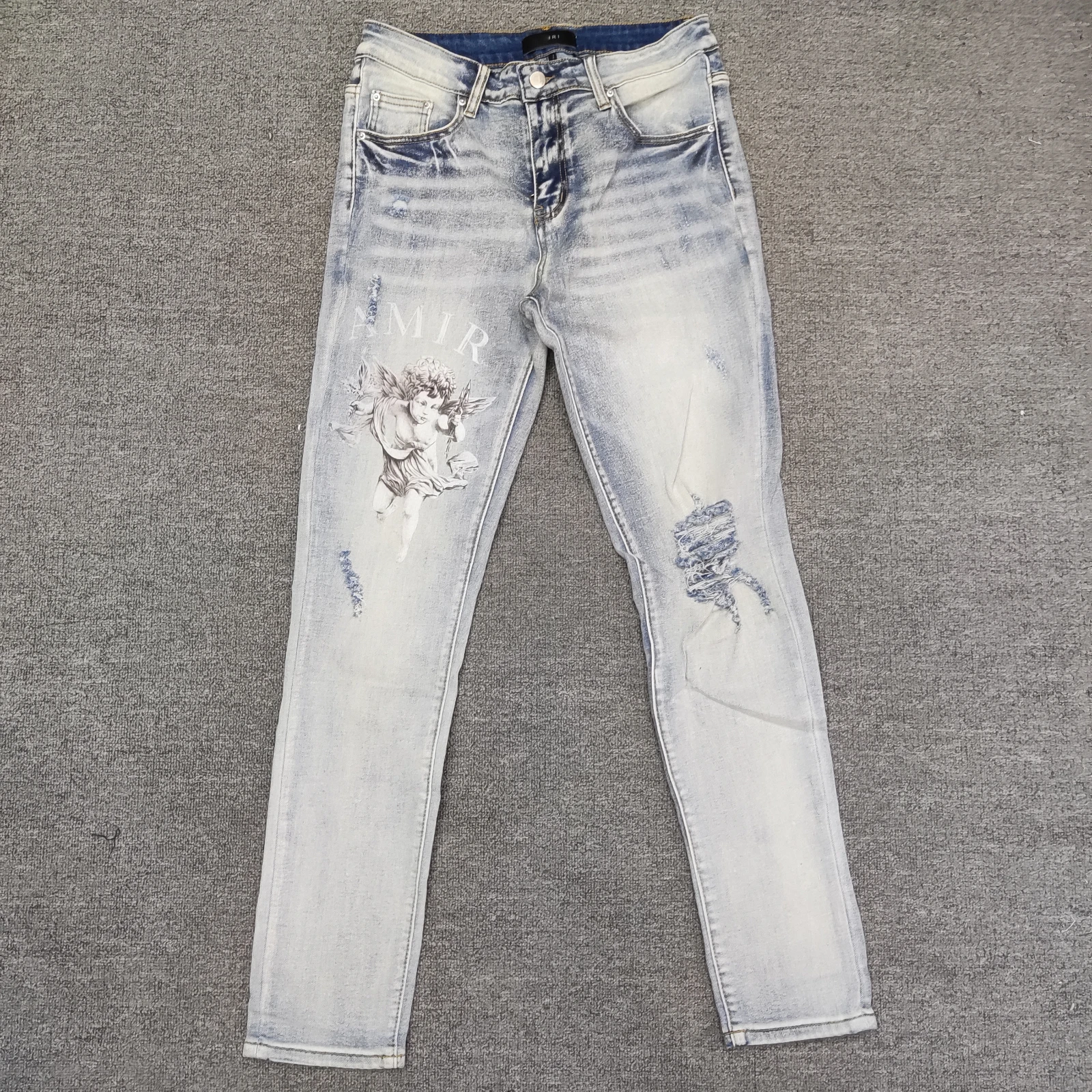 

High Street Stacked Men Jeans Hombre High Quality Angel Print Jeans Hip Hop Jeans Autumn Graphic Jeans Mens Stretch Jeans Skinny