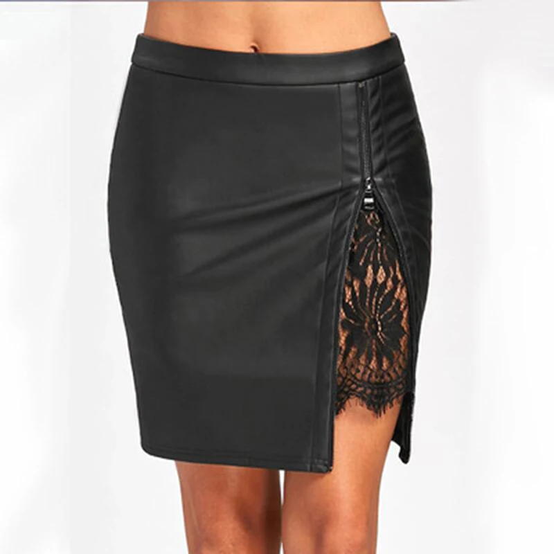 

Fashion Sexy Women Lace Up Skirt Mini Party Club Sexy Skirts High Quality PU Leather Short Split Women Skirts