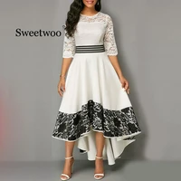 white bottom half sleeve hem black lace patchwork asymmetrical dress ladies party high low dress robe