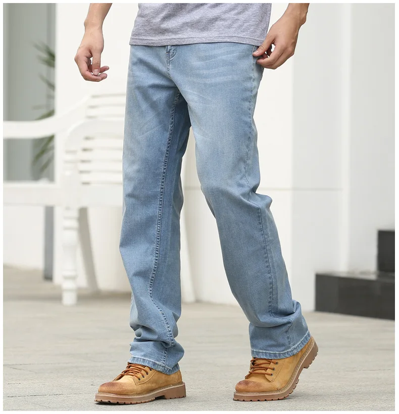 Summer Thin Section Men Jeans Straight Large Size Loose Elastic High Street Denim Pants Light Blue Streetwear Hip Hop Jeans