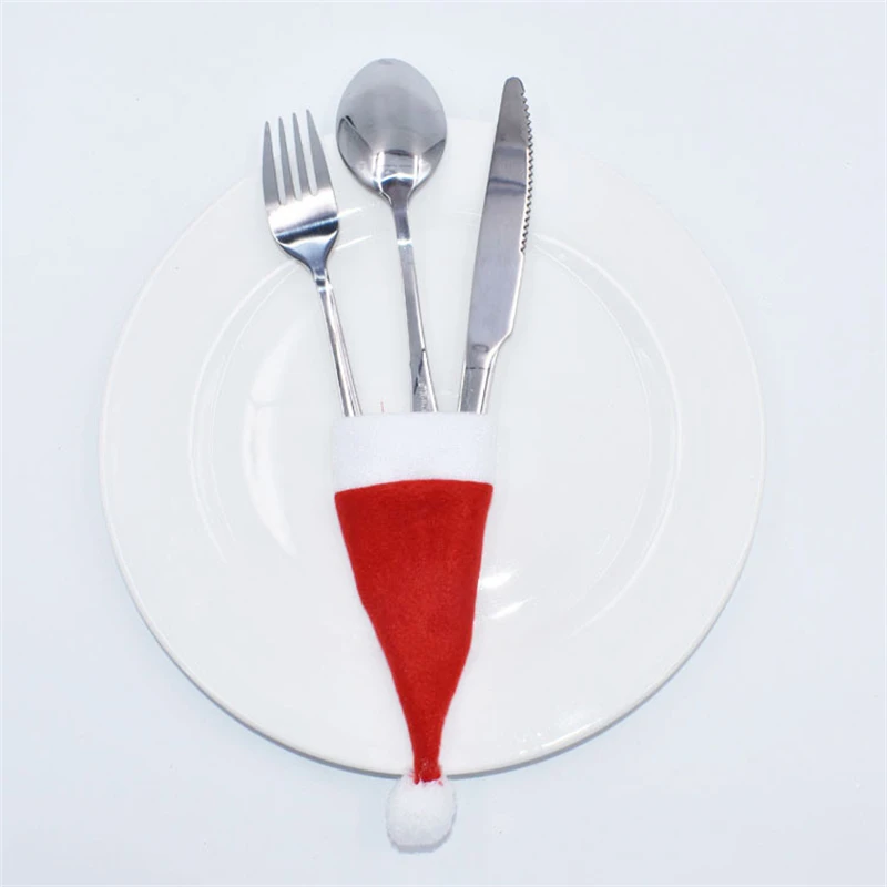 10pcs Christmas Party Decorations Hat Knife And Fork Set Mini Flannel Ball Cap Wine Bottle Decoration | Дом и сад