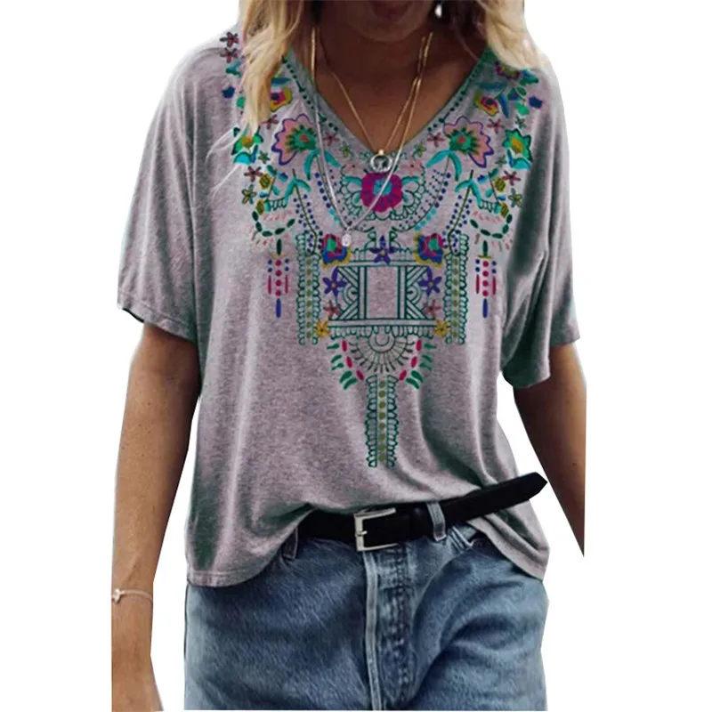 

2021 New Spring Summer Women T shirt Plus Size Short Sleeve V-neck Vintage Print Tee shirt Beach Casual Loose Female T shirt Top