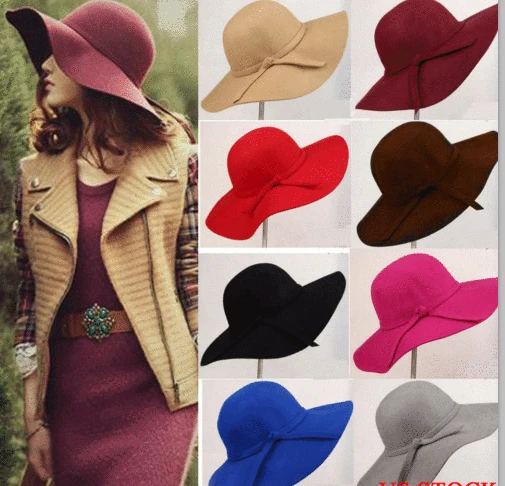 

Vintage Lady Wide Brim Wool Felt Hat Womens Floppy Felt Bowler Cloche Cap