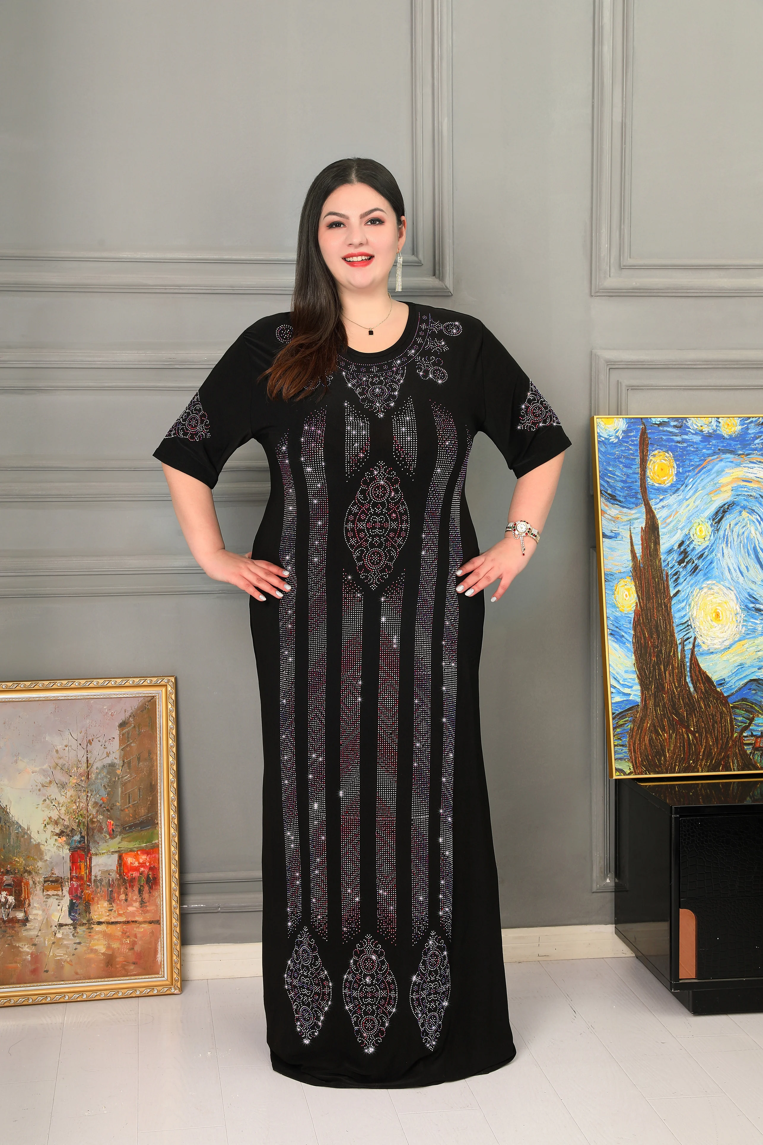 

Dubai abaya African dresses for women Muslim Long sleeve Black Floral Shiny Plus size Dress vestidos de fiesta Evening dresses