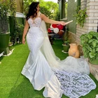 Женское кружевное атласное платье-русалка, белое свадебное платье на тонких бретелях, с аппликацией, вечерние выпускные платья