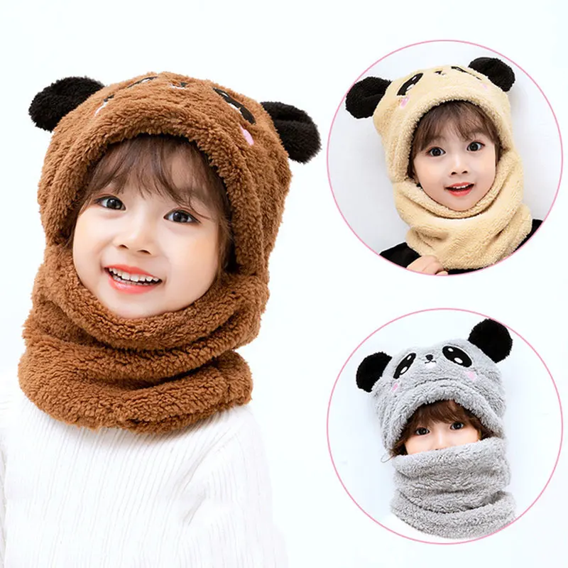 TR HS Winter Children Hat Plus Fleece Kids Caps Cartoon Hat For Girls Boys Scarf Thicken Cap Newborn Photography Baby Stuff