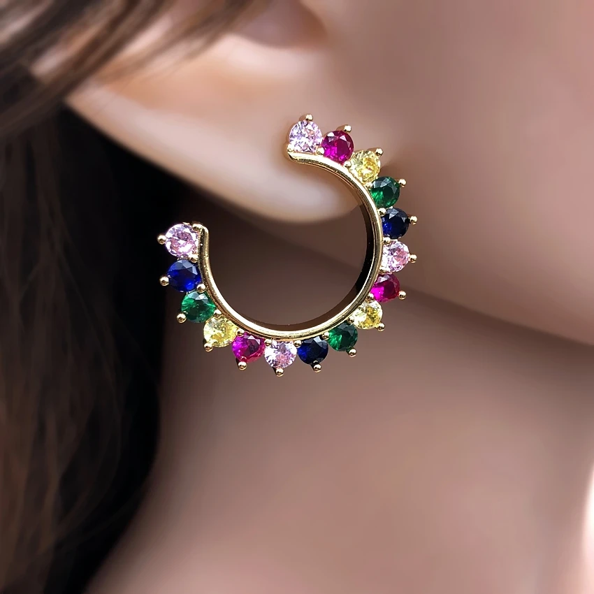 

Colourful round flowers shape big Rainbow Stud Earrings pave crystal Zirconias Stone boho gold color gorgeous Earrings for women