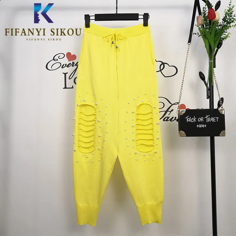 

Брюки женские трикотажные с высокой талией, модные повседневные джоггеры с бусинами, длинные брюки-султанки с эластичным поясом, весна-осен...