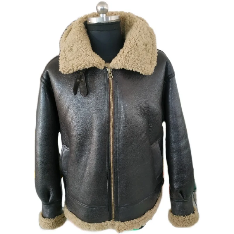 Мужская Толстая теплая куртка из овечьей шерсти с натуральным мехом коричневая