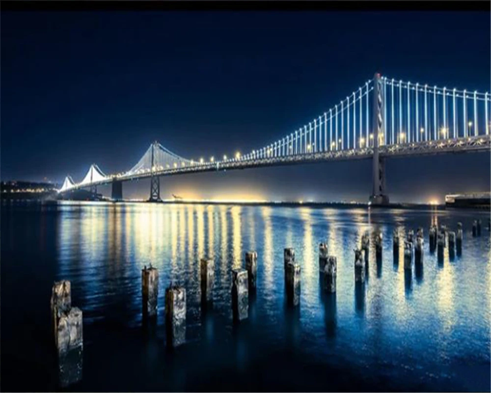 

3d Wallpaper walls Yangtze River Bridge Beautiful City Night Scenery Background Wall HD Digital Printing Moisture Wall paper