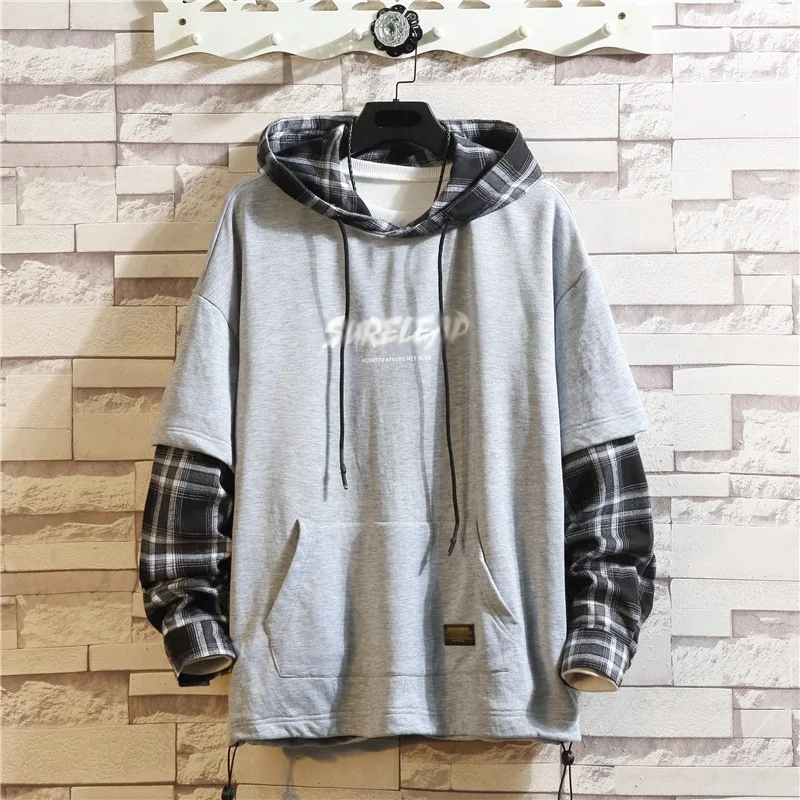 

Fashion design of men's sweater Plaid splicing hip hop hooded men's sweater