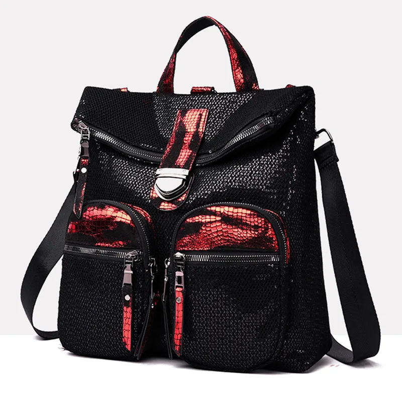 

Fashion Sequins Teenager Backpack Black Red Contrast Female Bag Women's Backpack Daily Ruckpack Stylish College School Package