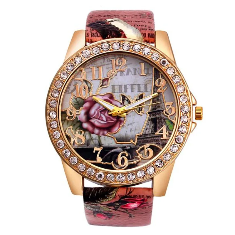 Женские часы с роскошными кристаллами кварцевые наручные кожаным ремешком и