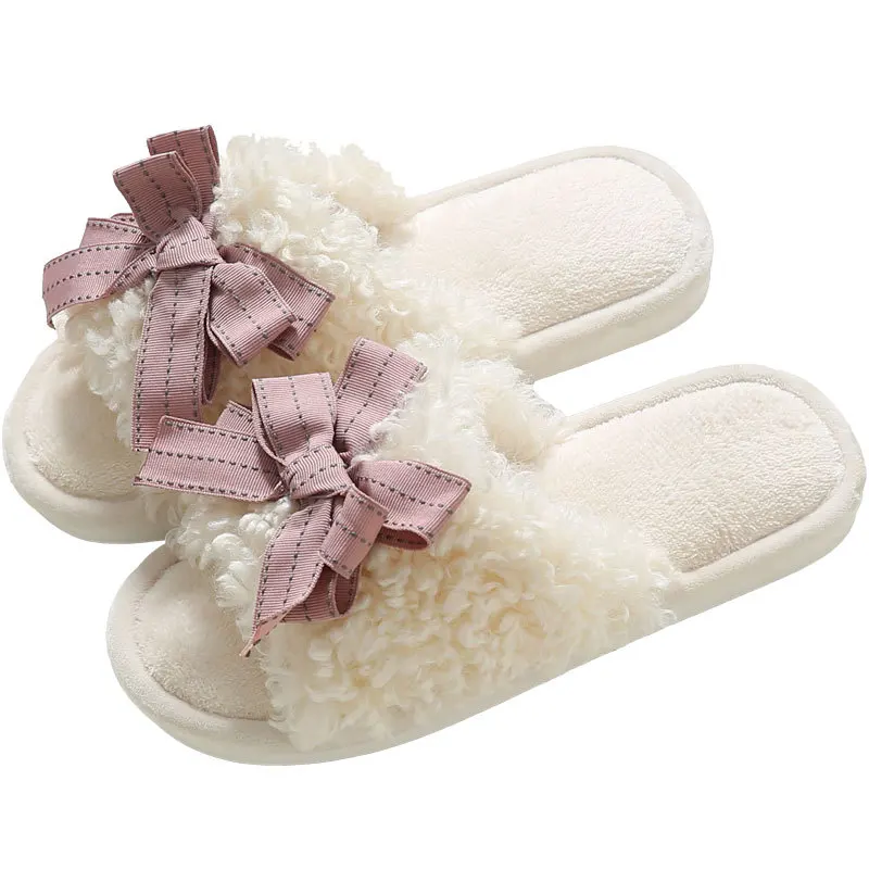 

Autumn Winter Chic Open-toe House Women Fur Slippers Bow-knot Bedroom Ladies Flat Shoes Warm Plush Elegant Girls Furry Slides