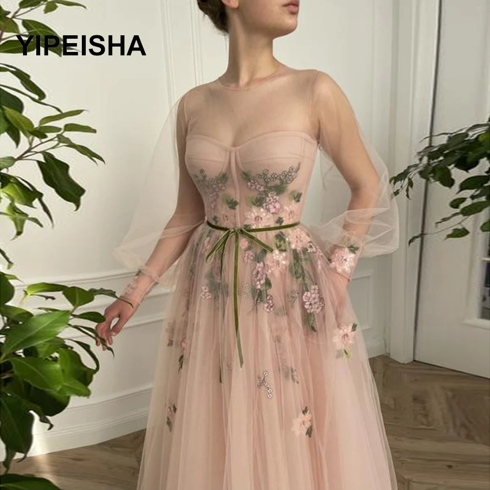 

Baby Pink Prom Dress O-Neck Flowers Long Sleeves Party Dress for Graduation with Pockets Celebrity robe fete femme