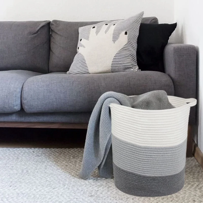 

Hot Large Storage Basket with Handle Cotton Rope Basket Toy Storage Organizer Laundry Hamper Woven Basket Toy Storage Bin