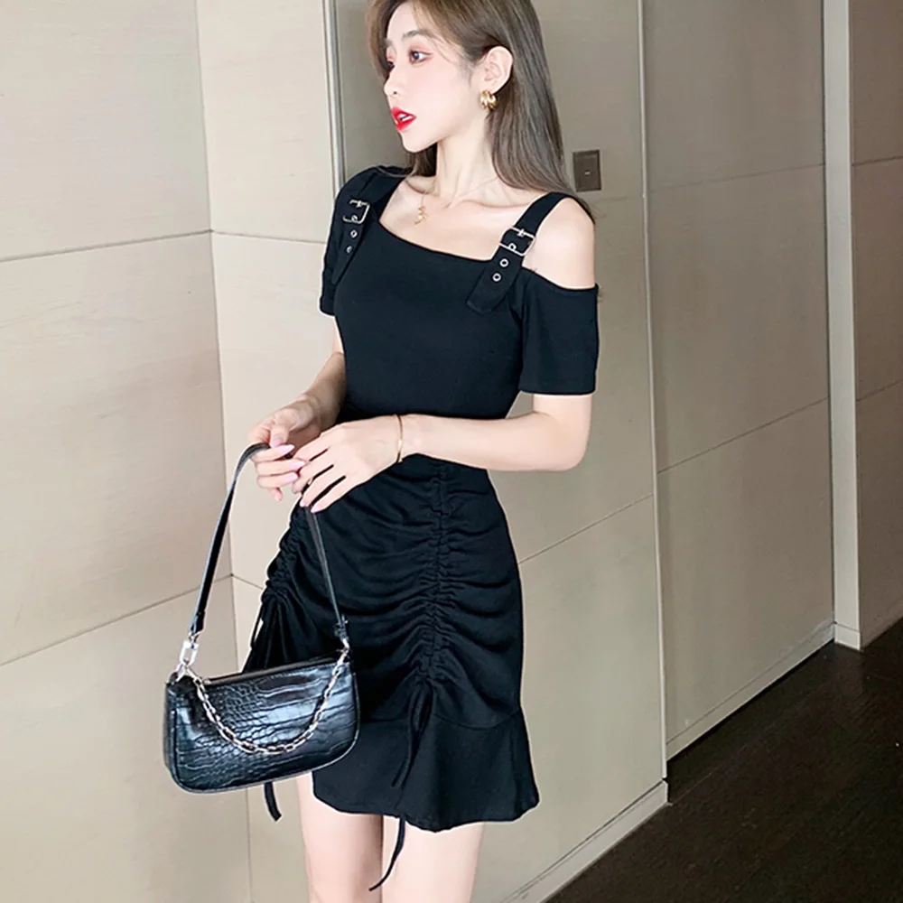 

Japan Style Ladies Dress Fashion Temperament Casual Simple Thin 2021 Spring Summer Drawstring Folds One Shoulder Solid Color
