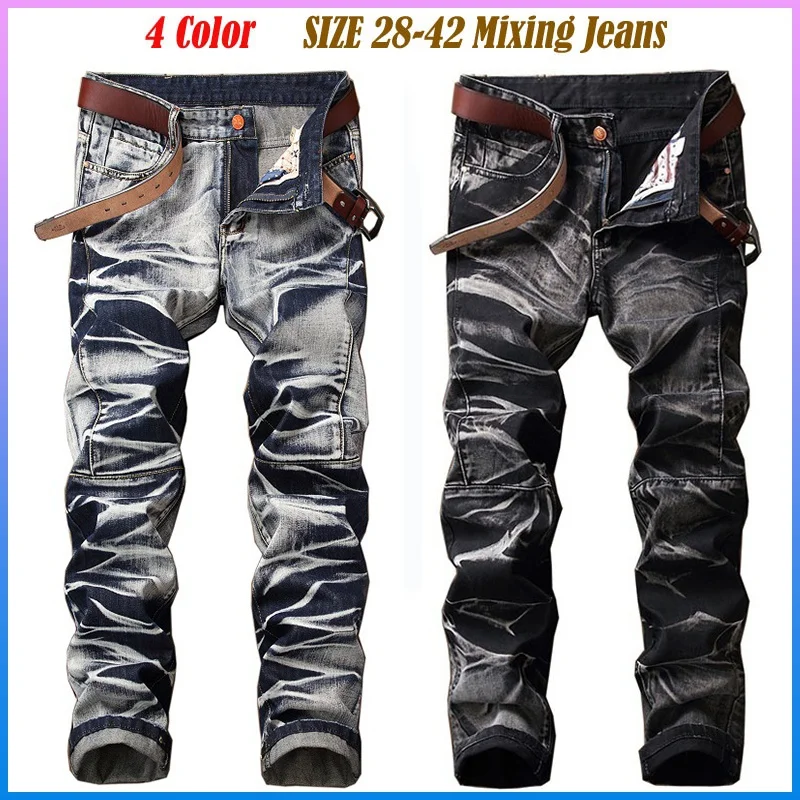 

Men's Jeans Hip Hop Fashion Folds Full Length High Street Crest Nostalgic Paisley Denim Vintage Distressed Jeans штаны мужские
