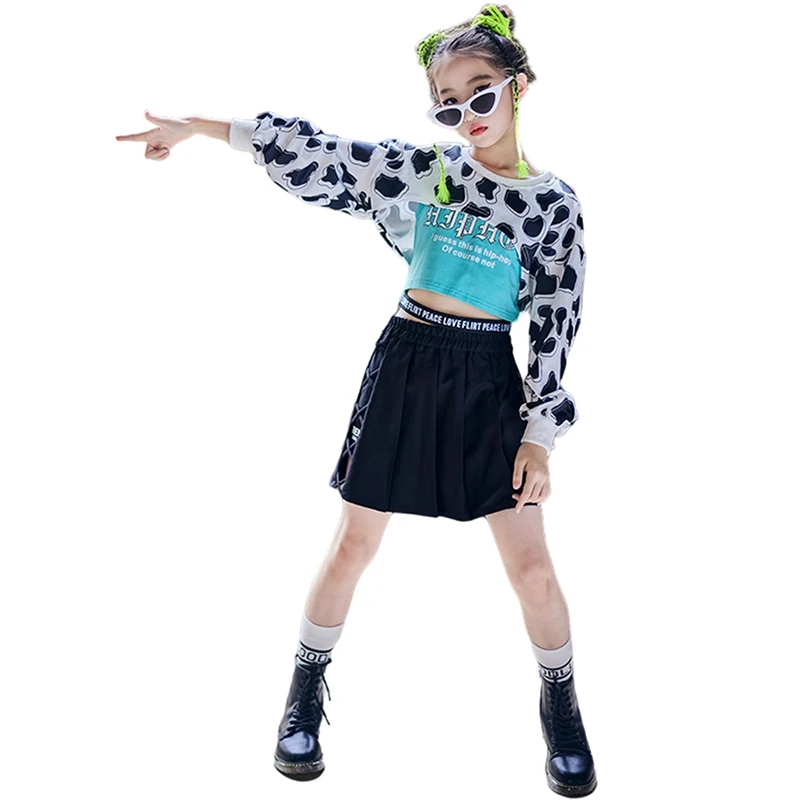 

Girls Jazz Dance Costume Cheerleader Dancer JK Black Skirt Crop Tops Performance Outfit Ballroom Hip Hop Practice Wear 120-180