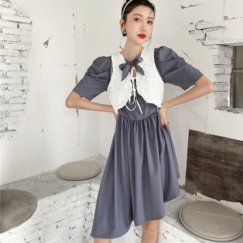 

LANMREM Women Bow Gray Asymmetrical Hem Dress Round Neck Short Sleeve Loose Fit Female Fashion Tide Summer 2021 New 2E1921