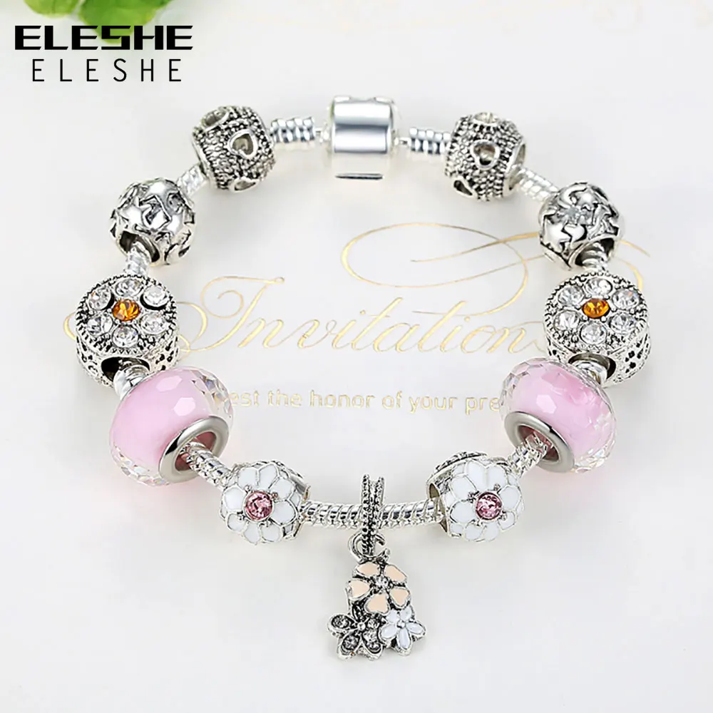 Женский браслет-Шарм с розовыми стеклянными бусинами серебристого цвета |