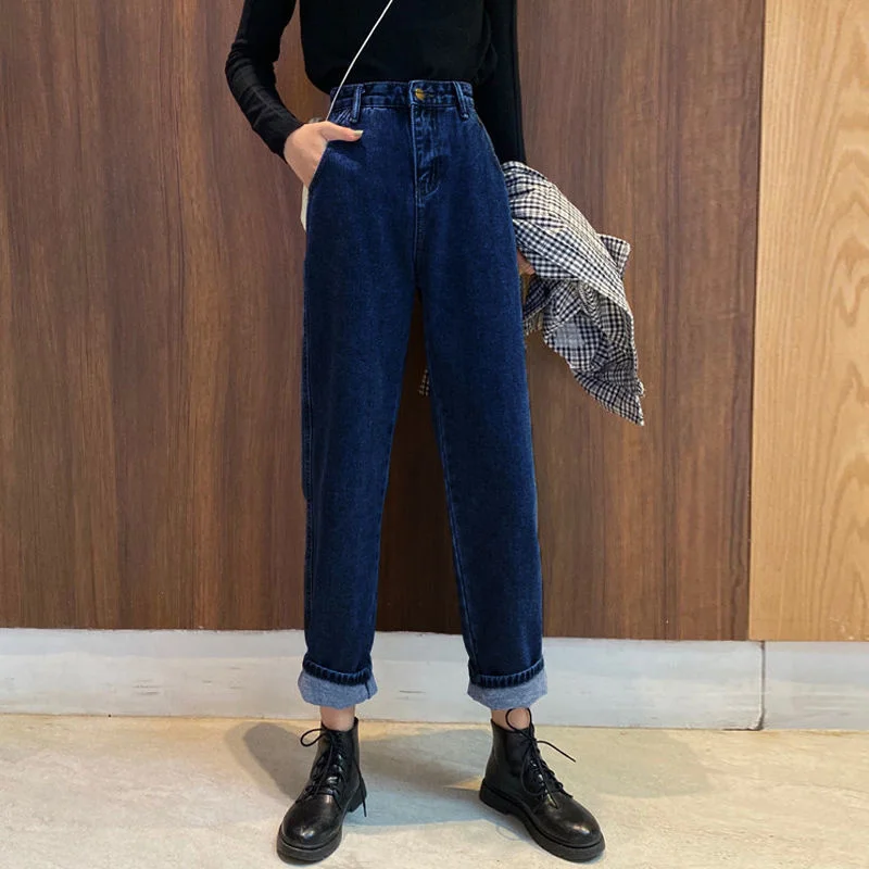 

Женские джинсы темно-новые синие джинсы с широкими штанинами женские свободные корейские студенческие осенние облегающие прямые джинсы с ...