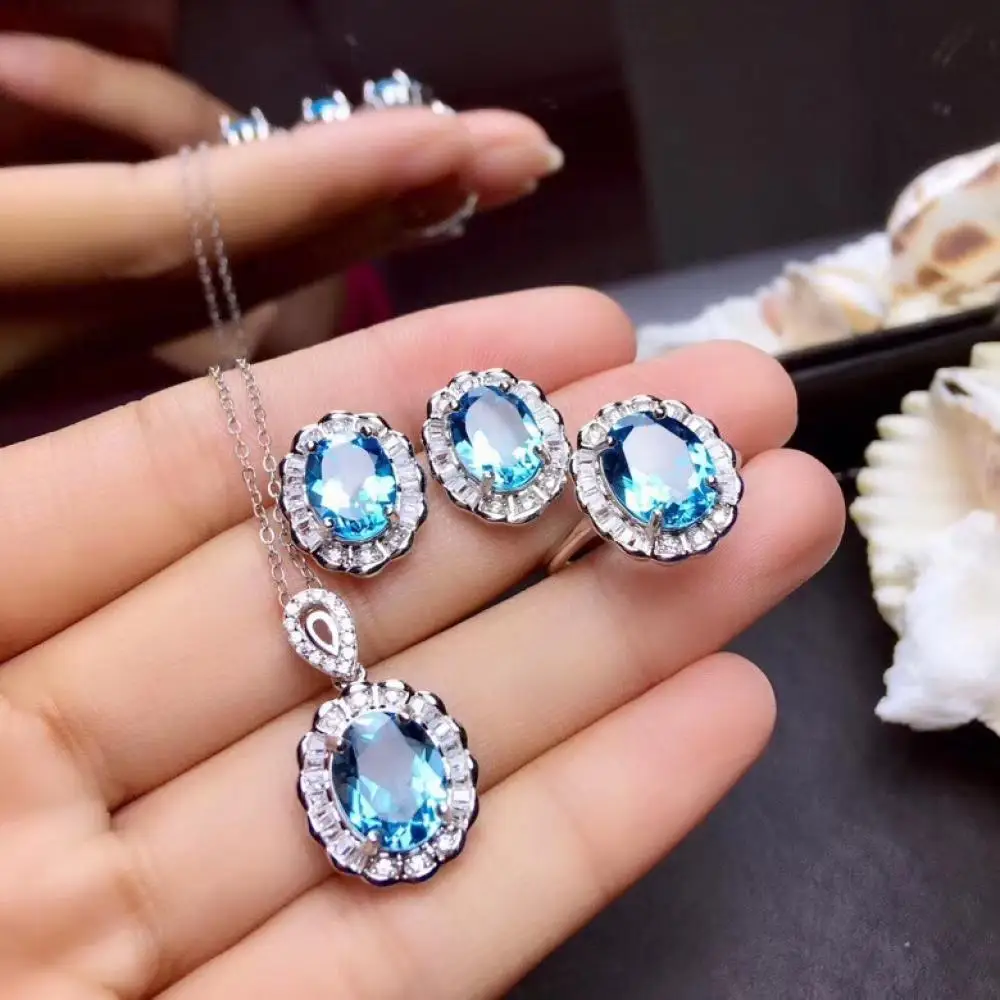 Ювелирный набор HOYON New Natural Topaz - Кольцо, серьги, подвеска, ожерелье. Натуральный топаз. Реальное серебро S925.